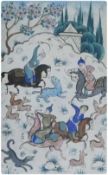 Watercolour 
Indian School 
Unattributed 
Indian hunting scene, men on horseback with deer, dogs etc