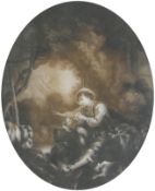 Sepia print on glass 
19th century shepherd boy with sheep and dog within oval border