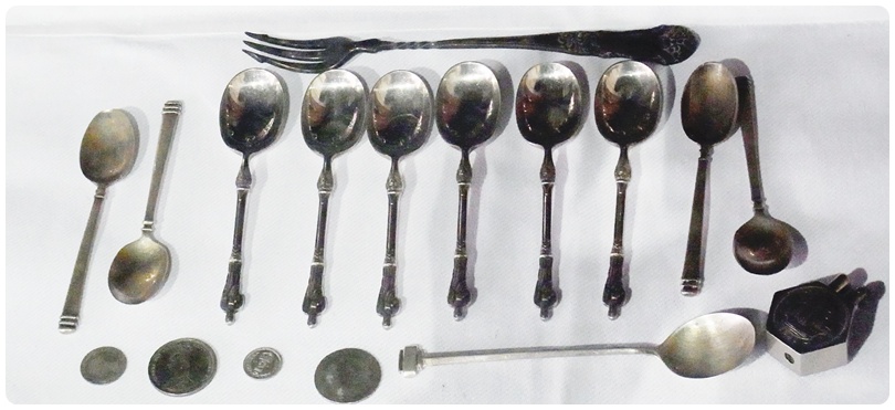Six EPNS apostle spoons, four matching silver coffee spoons, and another spoon, half penny 1941