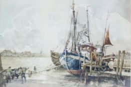 Watercolour 
20th century English School
Edwin Phillips
Harbour scene, jetty with moored fishing