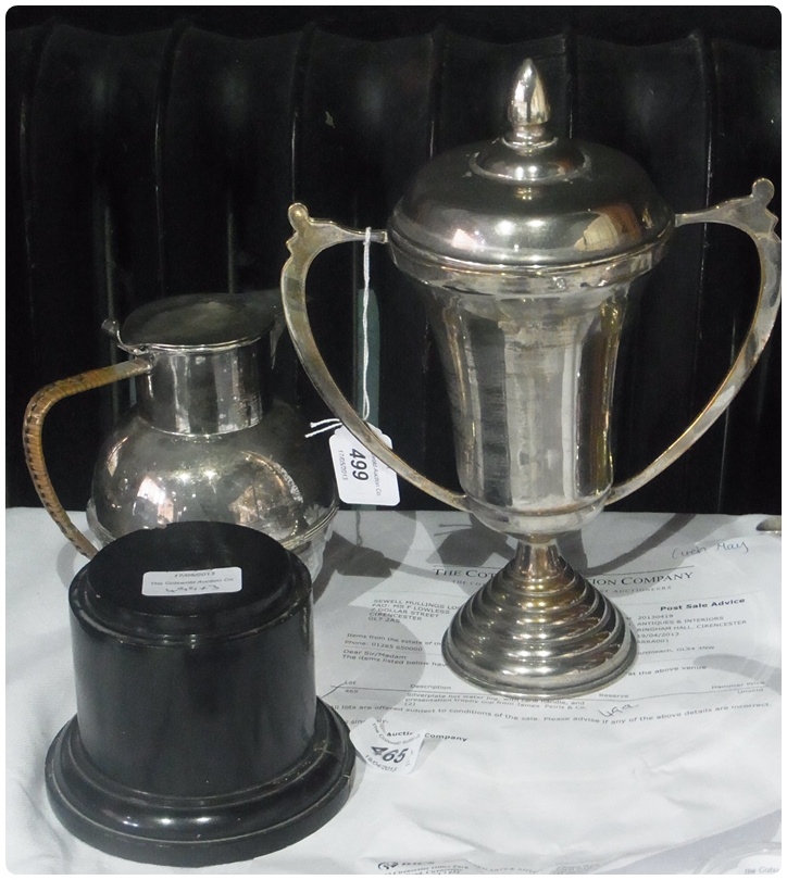 Silverplate hot water jug with cane handle and presentation trophy cup from James Peiris and Co (2)