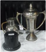 Silverplate hot water jug with cane handle and presentation trophy cup from James Peiris and Co (2)