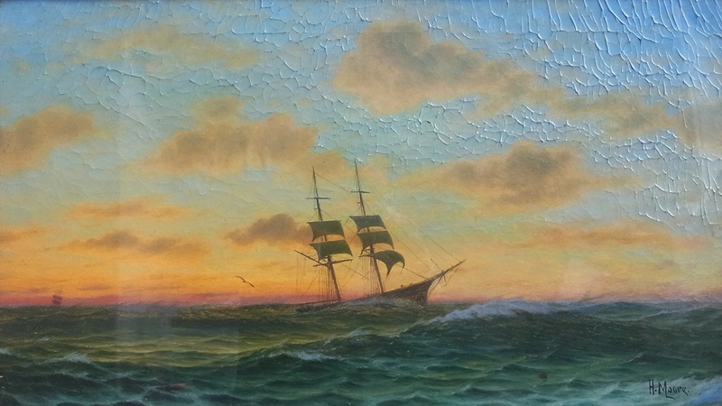 Oil on canvas
Henry Moore RA
"In the Tropics", sunset with double-masted sailing vessel at sea,