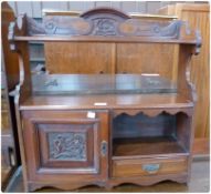 20th century mahogany wall cabinet, carved shelf, small cupboard and drawer with carved panel,