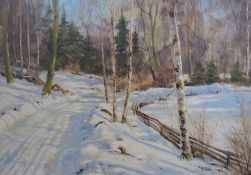 Oil on canvas
Borge Ruud 
Winter woodland scene with track, signed, 63 x 93cm