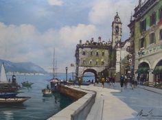 Oil on canvas
Maximo Moreno 
"Lake Como", busy harbour scene with stone arched building, signed,