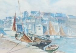 Watercolour
Brixham harbour, with berthed fishing boats and town beyond, signed Van Gill, 32 x 45cm