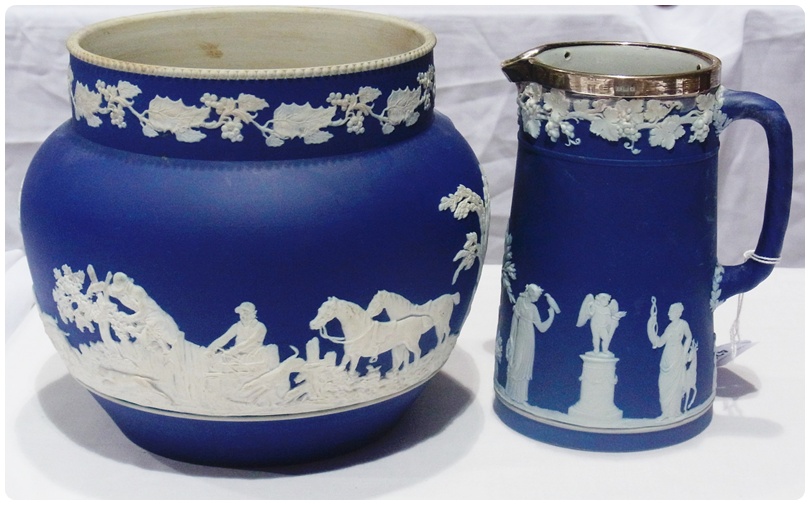 Edwardian silver-mounted Wedgwood jasperware jug, tapered, indigo blue ground, 17cm high, and an
