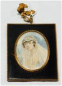 19th century watercolour on ivory miniature 
Head and shoulders portrait of bride, wearing full