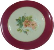 Set of nine Victorian china dessert plates, each individually floral painted and having puce border
