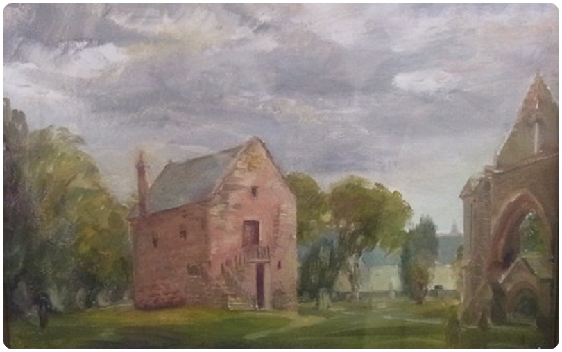 Oil on canvas 
Lawrie (1982)
Ruined church, graveyard  and farm sign, framed, 40 x 39cm