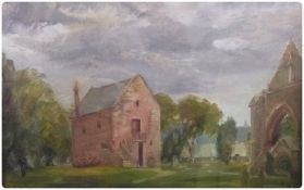 Oil on canvas 
Lawrie (1982)
Ruined church, graveyard  and farm sign, framed, 40 x 39cm