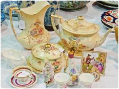 Fieldings Crown Devon teapot and stand, similar tall jug, Fieldings Crown Devon powder bowl and