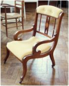 Edwardian inlaid open arm drawing room chair, with padded toprail, pierced oval fan patera inlaid