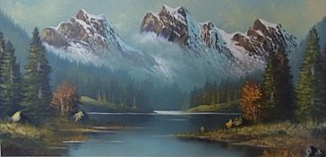 Oil on canvas 
Ade Master 
Alpine river landscape and another 
Oil on board 
Kerrin (?)
Lake scene