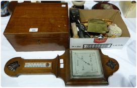 A jewellery box with fitted interior together with a 1930's oak cased barometer and a box comprising