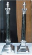 Pair silverplate and green marble Corinthian column table lamps, on plinth base, 60cm high