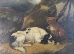 Oil on board
Nineteenth century English school
Two gundogs with rifle beside rock, 21 x 29cm