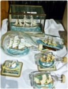 Collection of five various modern ships in bottles, together with a model ship in a glazed case "