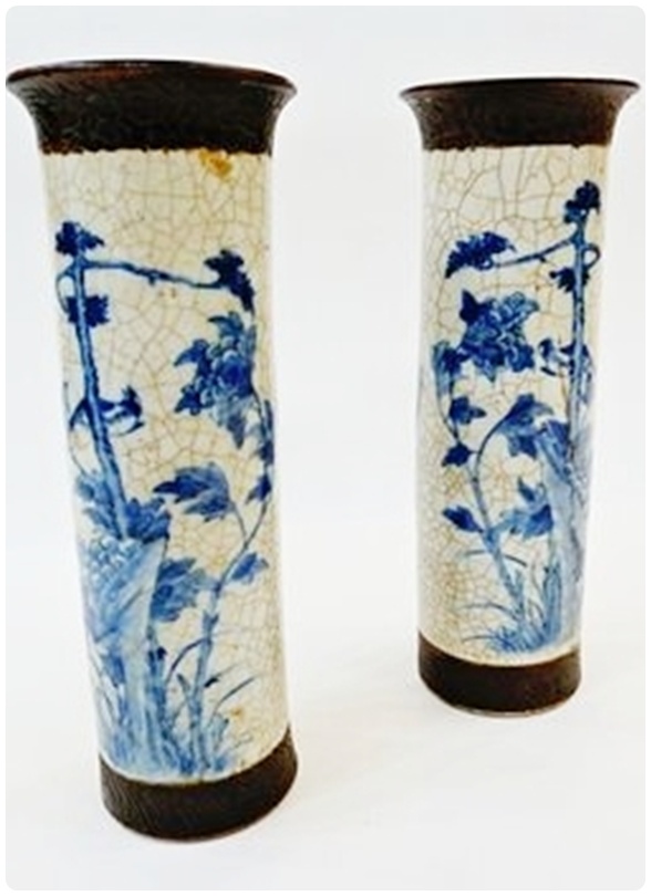 Pair Chinese porcelain vases, Cheng Hua mark, cylindrical with flared rims, crackle glaze ground and