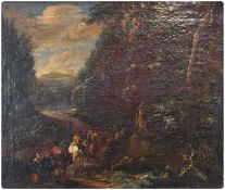 Oil on canvas
Eighteenth century school 
Three figures on horseback and female figure on woodland