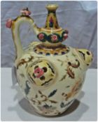Zsolnay Pecs pottery puzzle ewer, decorated in the Persian manner, shouldered ovoid, scrolling