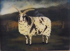 Pair naive style colourprints
Depicting sheep, "Romney", "Jacob", framed and glazed