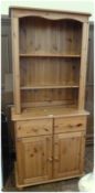 Small modern pine dresser of two shelves with two cupboards below, 80cm wide