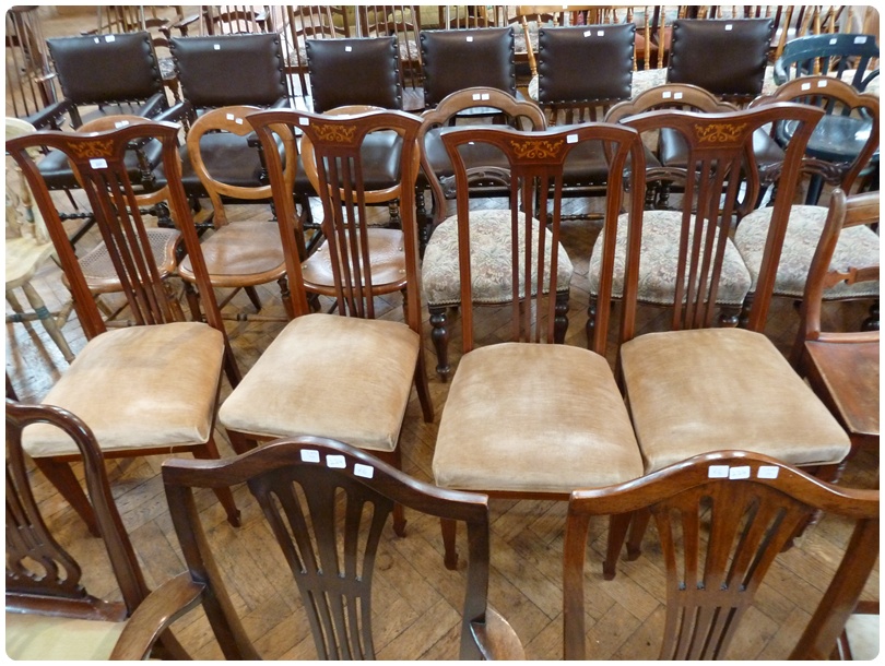 Set of four Edwardian mahogany high back dining chairs, with satinwood inlays, pierced splats to