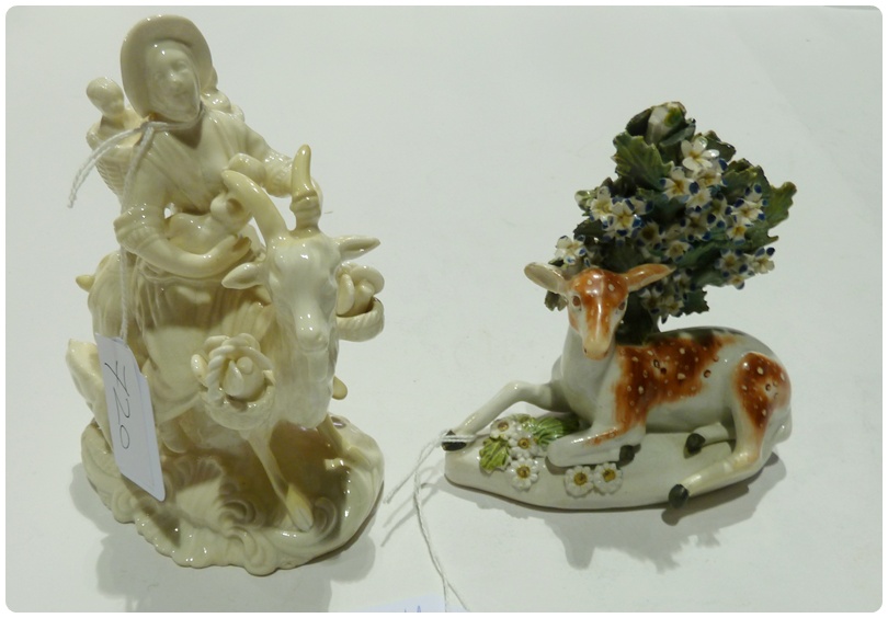 19th century Derby porcelain (King Street) group "The Tailor's Wife and Goat", on rococo scroll