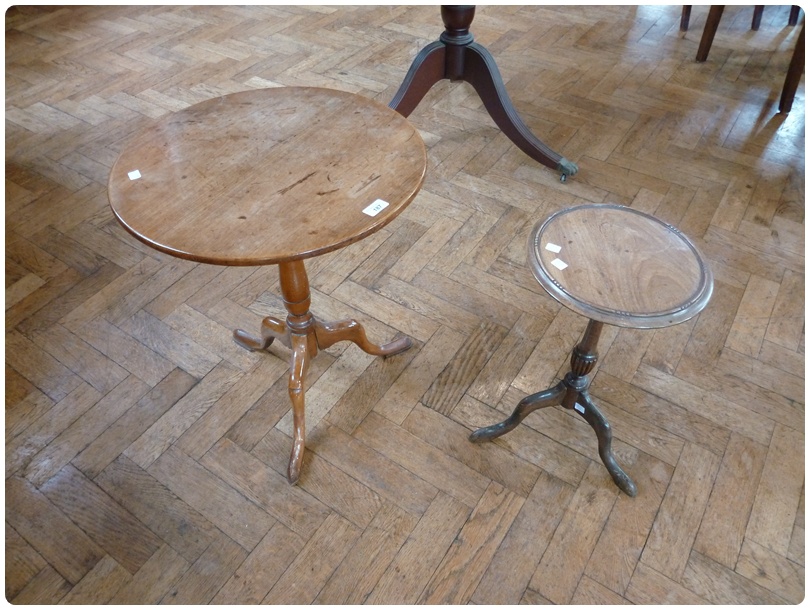 Early nineteenth century fruit wood circular top tripod table, diameter 50cm, and a reproduction