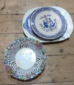 Quantity of decorative ceramics to include:- Johnson Brothers "Old Granite" plate, Willow pattern