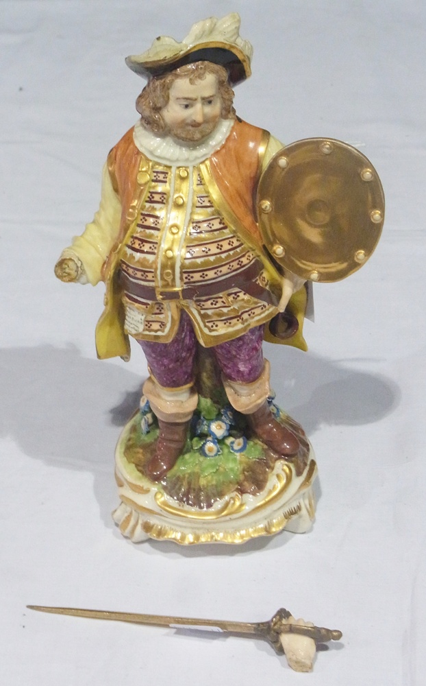 Bloor Derby porcelain figure modelled as "Falstaff", standing with sword and shield, 24cm high (