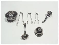 Silver plated strainer, sugar nips, spoon, novelty cork and other items (1 box)