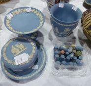 Collection Wedgwood blue jasperware to include:- trinket box, plate and large quantity of thimbles