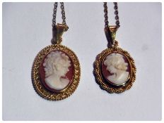 Two 9ct gold cameo pendant necklaces on chains (2)