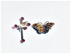Edwardian silver and enamel butterfly brooch and a pink stone and enamel Kookaburra bar brooch (2)