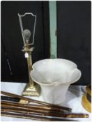Brass table lamp in the form of a Corinthian column, with cream lampshade