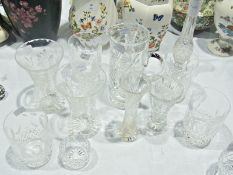 Five cut glass water tumblers, pair cut glass vases, various posy vases and a moulded glass jug (