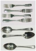 Three Georgian silver Old English pattern tablespoons, various dates, together with set of four