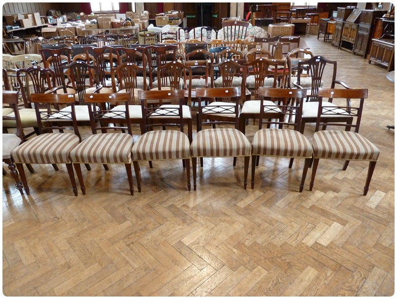 Set of late Georgian mahogany bar back dining chairs, with open latticework splats, reeded supports,