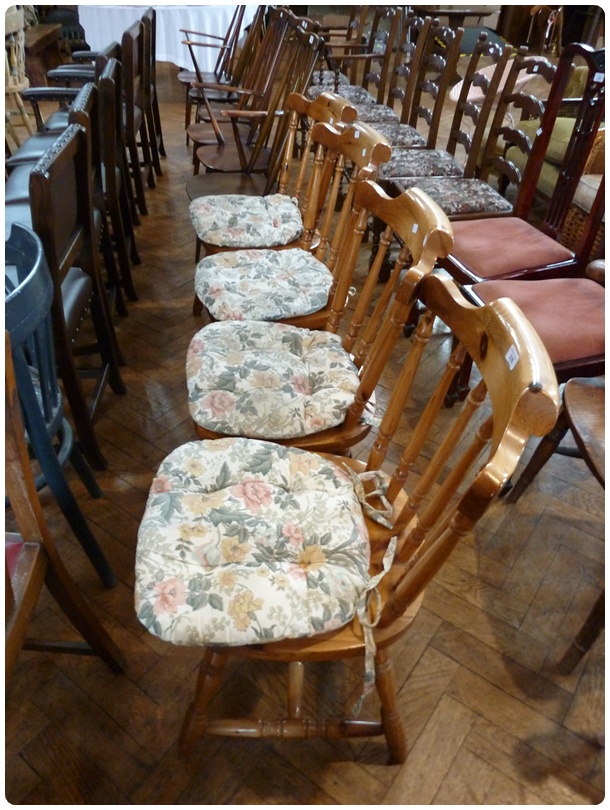 Set of four single pine occasional chairs, with turned splat back, solid seat with loose cushions,
