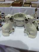Pair pottery Staffordshire dogs and another item (3)