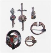 Scottish and silver hardstone sword brooch, silver Celtic sword brooch, two other silver-coloured