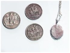 Silver coloured locket on chain, 1890 crown and another 1900, together with 1973 commemorative coin