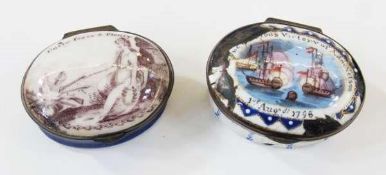 Late eighteenth century Bilston enamel style pill or cachou box,
oval the lid painted with â€œThe..