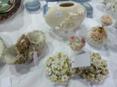 Victorian floral encrusted perfume bottle, dressing table set, vases and other items (5)