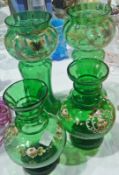 Pair green vases, enamel painted with flowers and butterflies, and another pair green glass vases,