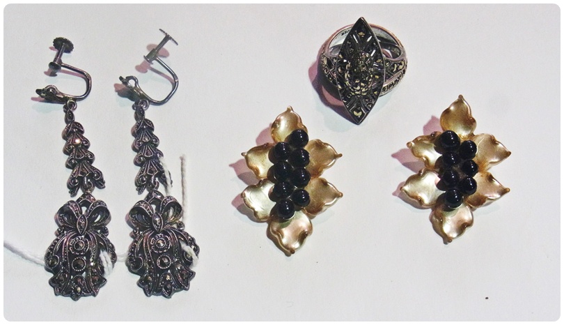 Two marcasite set earrings, pair marcasite drop earrings,  and another pair earrings