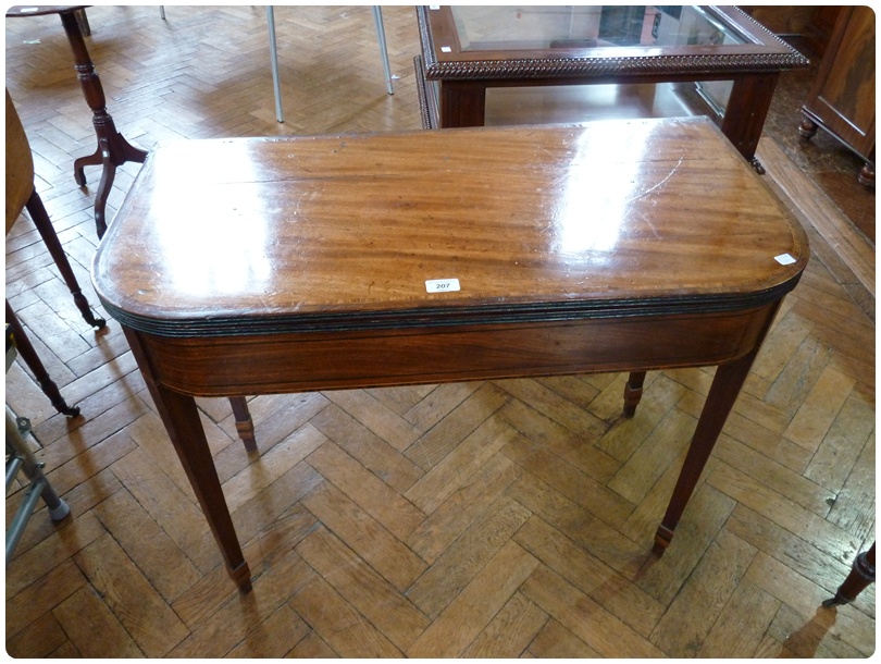 George III mahogany fold-over top tea table, with reeded edge, on square tapering legs, width 91cm